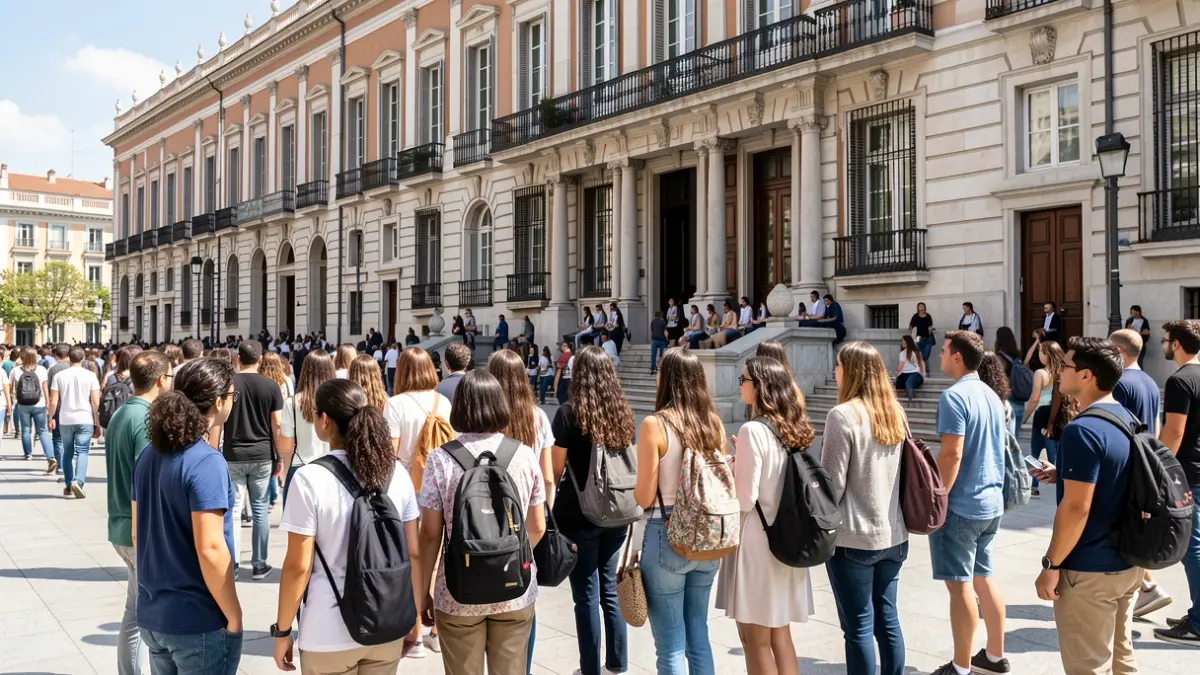 Generic image of students in front of a university in Madrid.