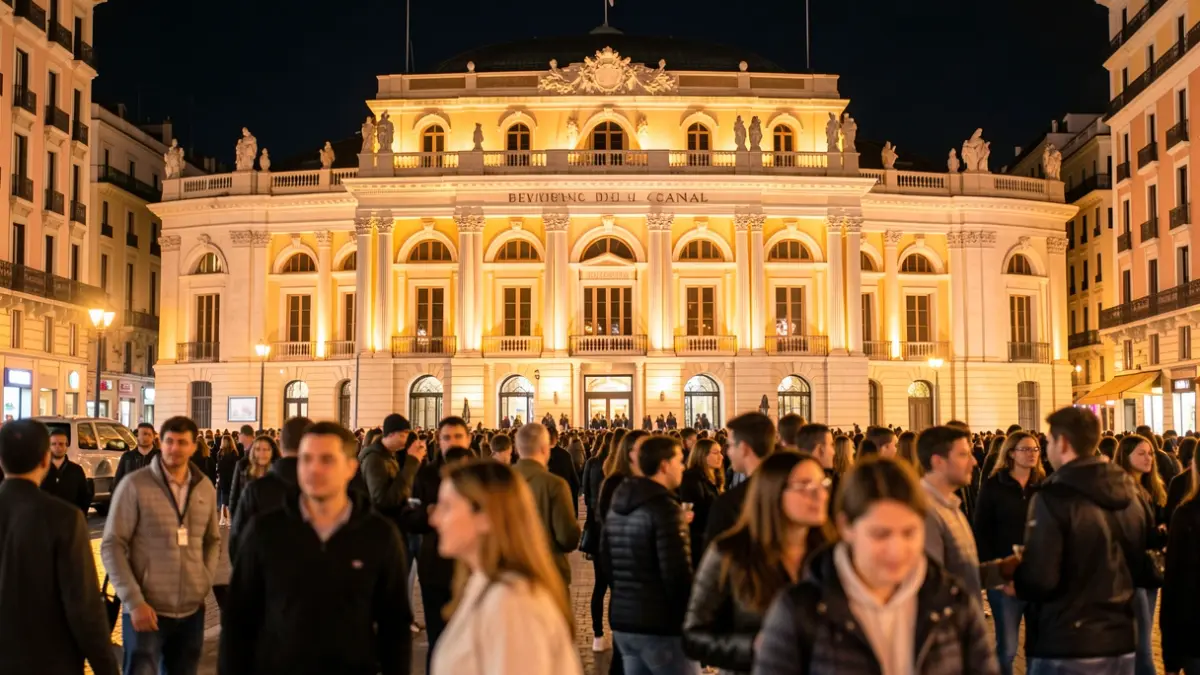 Fachada de Teatros del Canal iluminada por la noche durante un evento cultural gratuito.