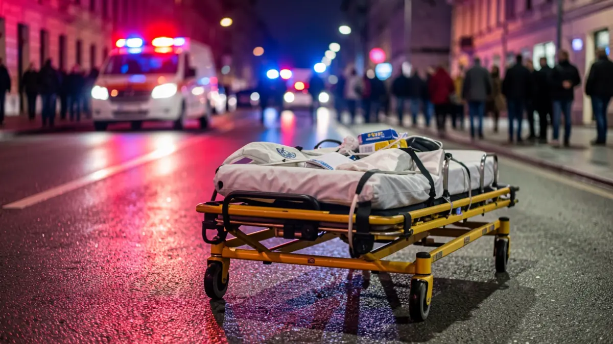 Close-up of a stretcher with medical equipment on a wet road at night, with blurred red and blue emergency lights.