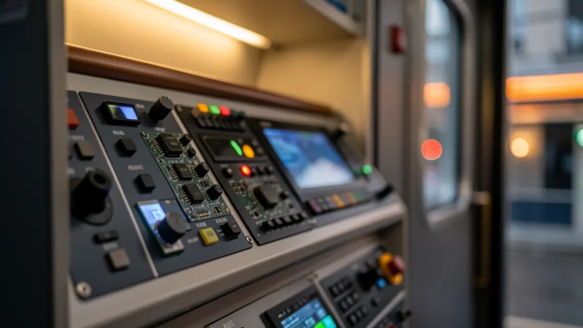 Close-up of a modern train's internal electronic control panel with blurred lights and circuit board details, suggesting advanced technology and connectivity.