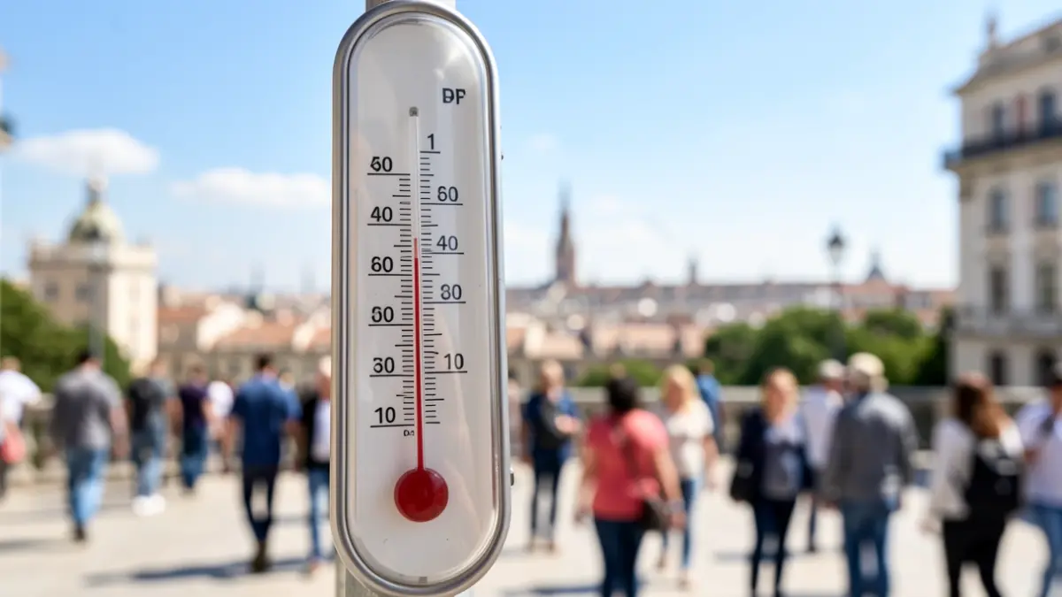 Termómetro mostrando alta temperatura con el perfil de Madrid al fondo.