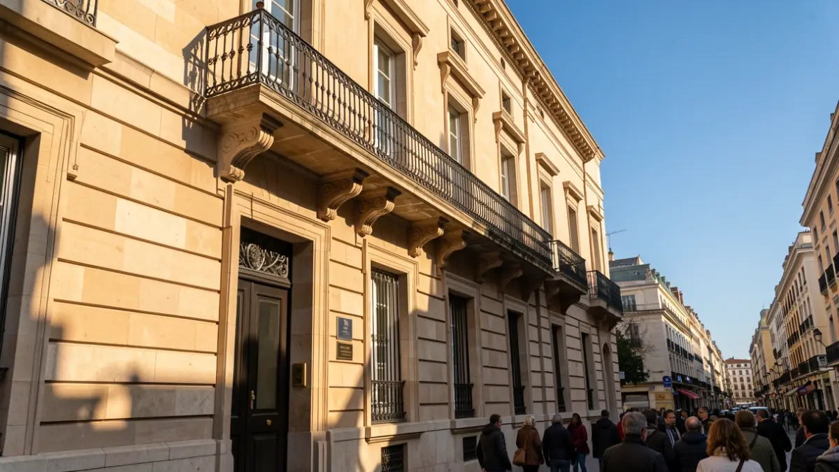 Fachada de un ayuntamiento de la Comunidad de Madrid con balcón y barandillas de hierro, luz cálida de la tarde.