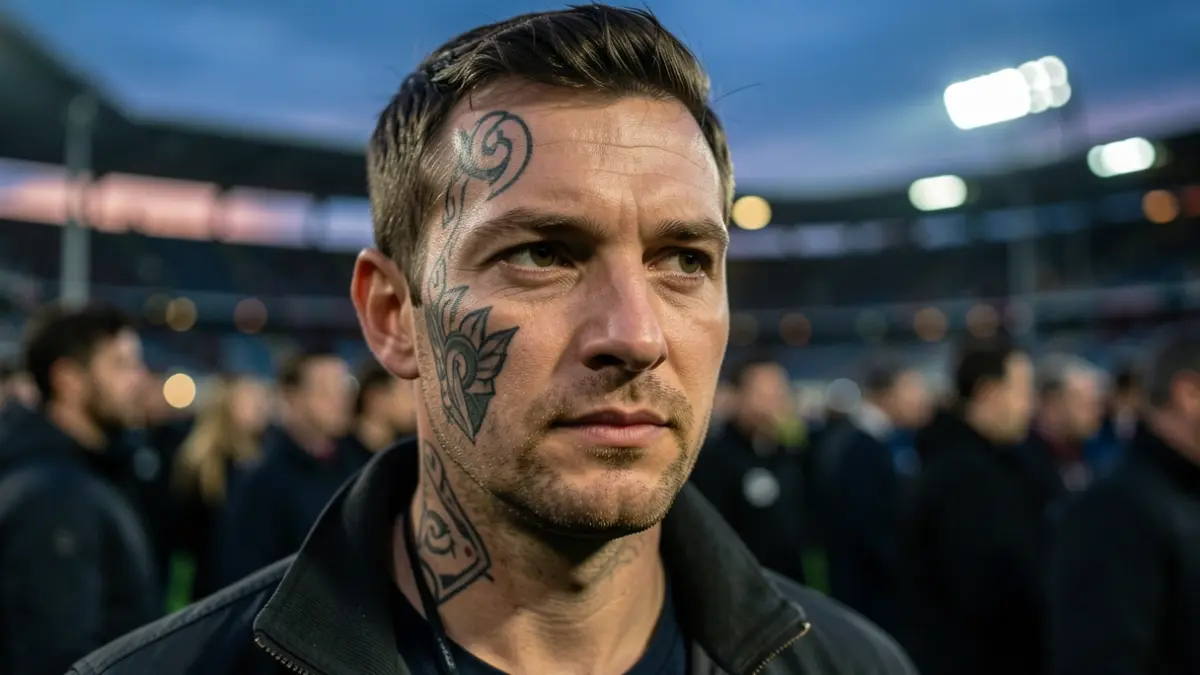 Primer plano de un rostro con un tatuaje facial distintivo, con el estadio de fondo al atardecer.