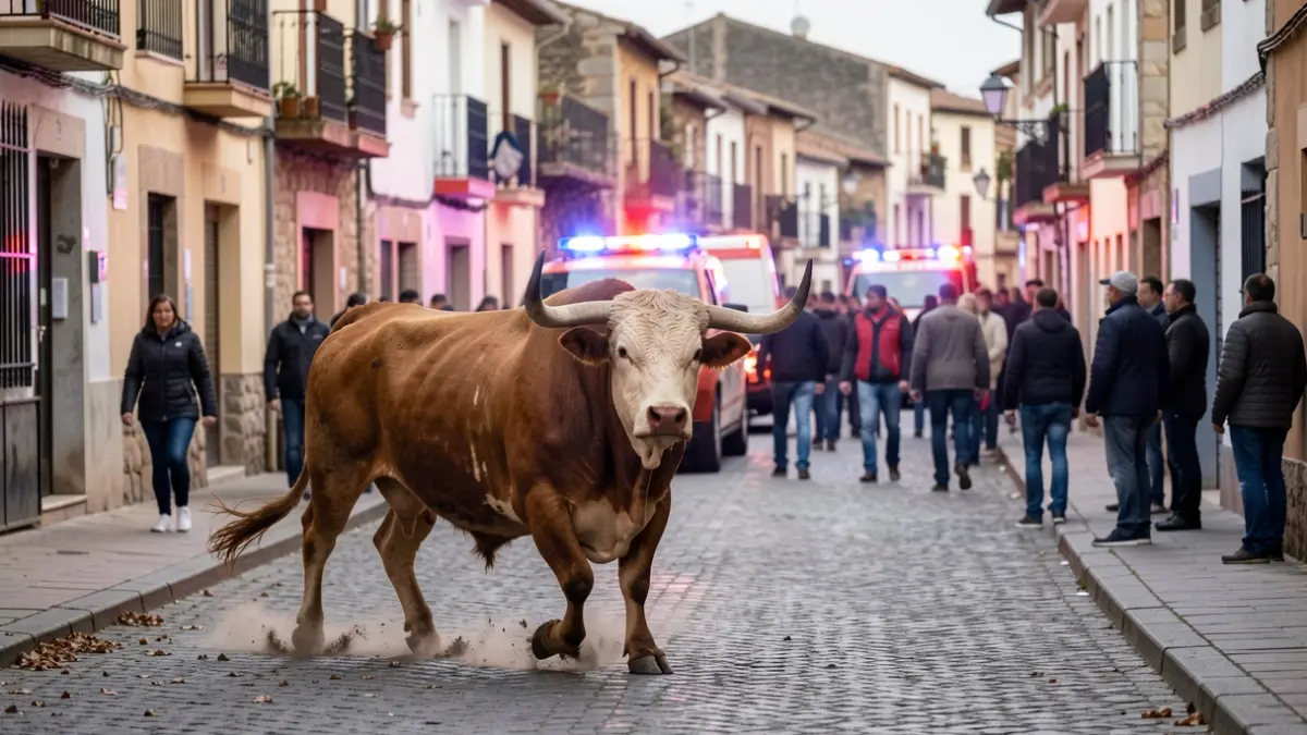 Generic image of a loose bull in an urban area with emergency lights.