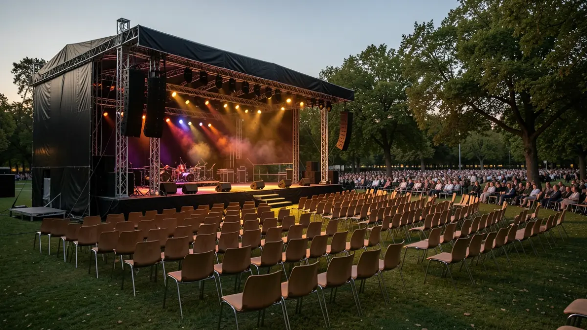 Outdoor concert stage in a park during sunset.