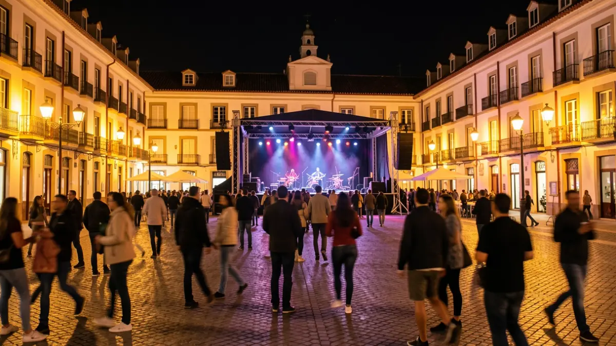 Imagen genérica de una plaza iluminada por la noche con un escenario.