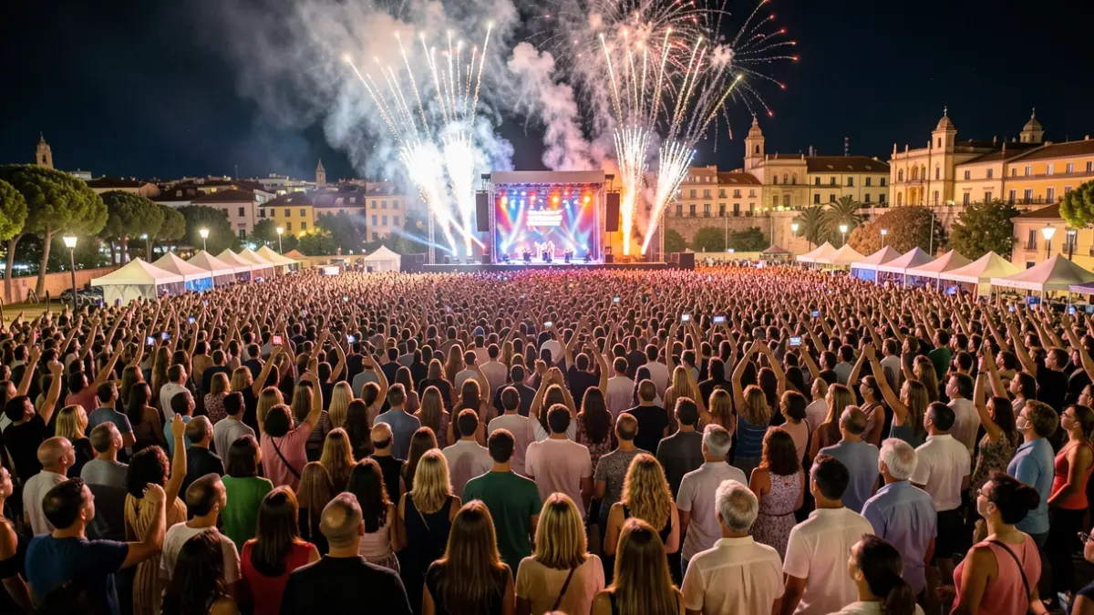 Generic image of a large night concert with fireworks and an enthusiastic crowd in Torrejón de Ardoz.