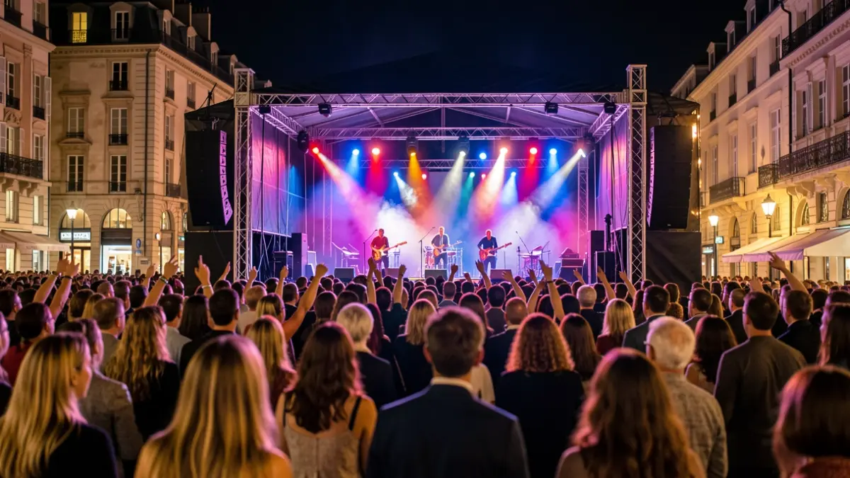 Generic image of an outdoor concert stage at night.
