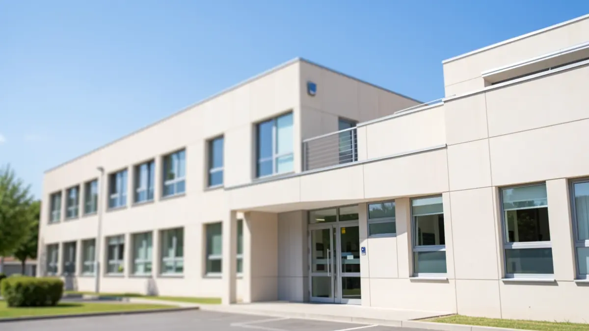 Generic image of a public school in Torrejón de Ardoz under a blue sky.
