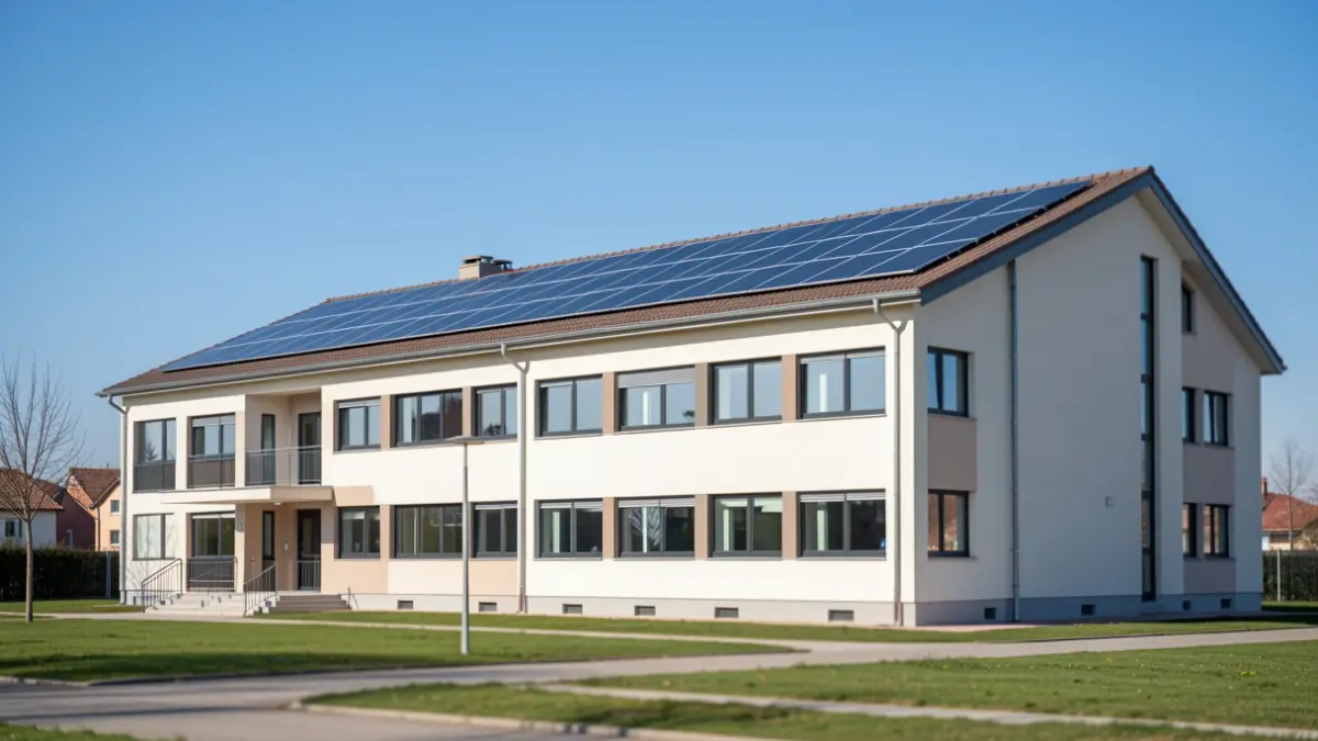 Generic image of a public school in Torrejón de Ardoz with solar panels.