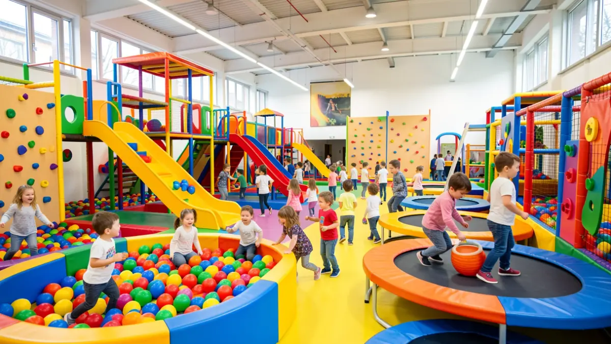 Imagen de un parque infantil interior con toboganes, piscinas de bolas y zonas de escalada.