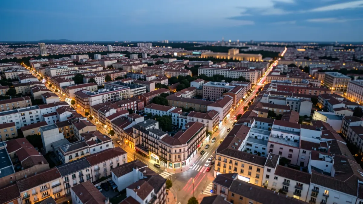 Generic image of a Spanish city at dusk with illuminated streets.