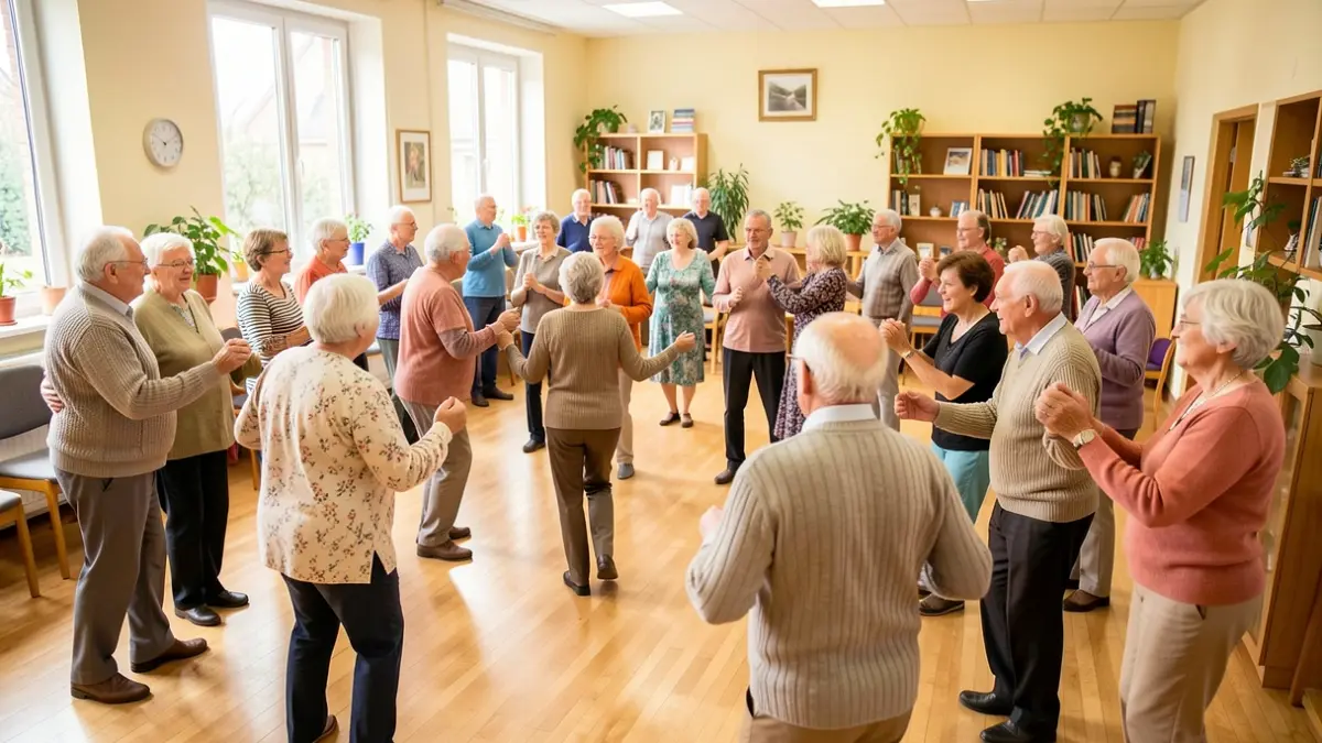 Imagen genérica de personas mayores participando en una clase de baile en un centro comunitario.
