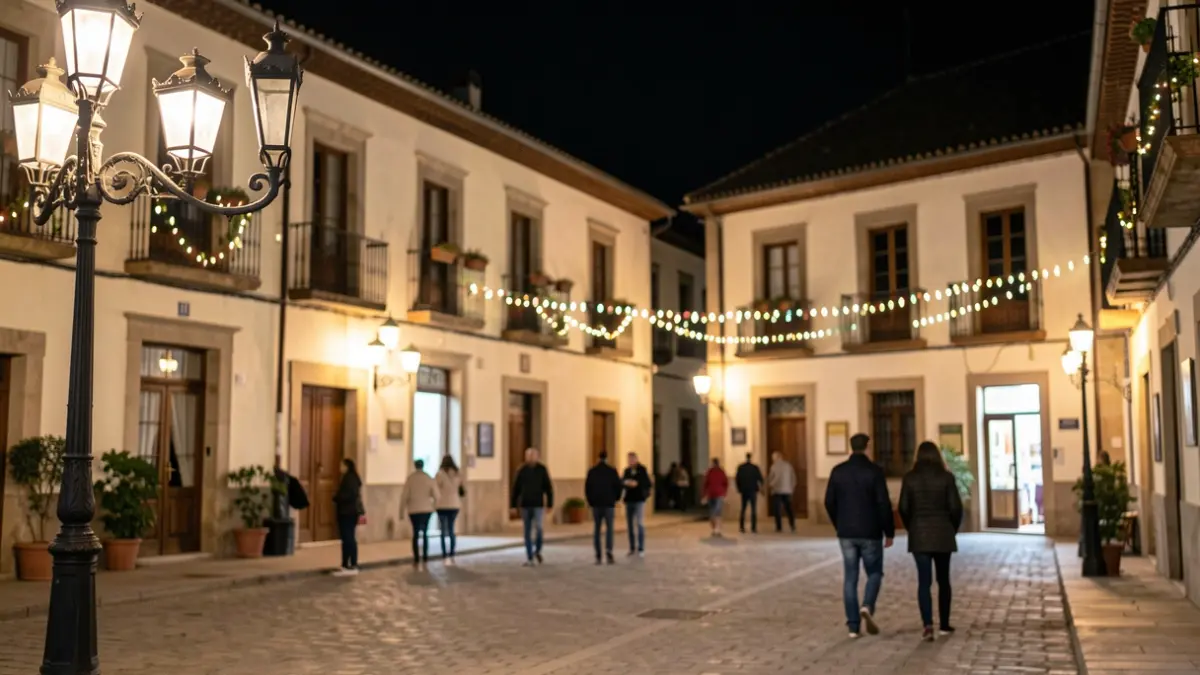 Imagen genérica de una plaza de pueblo español por la noche con ambiente festivo.