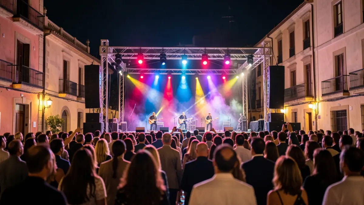Generic image of an outdoor concert at night with colorful lights and blurred audience.