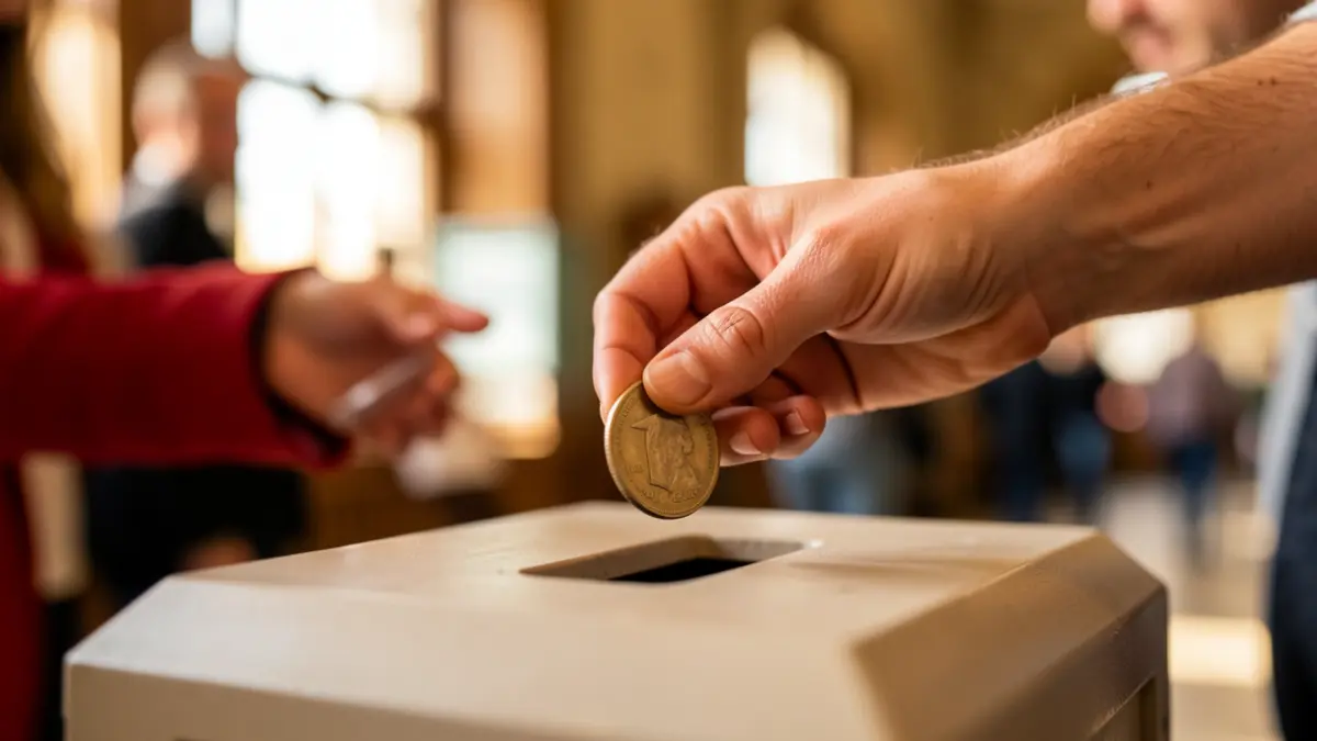 Primer plano de una mano depositando una moneda en una caja de donaciones.