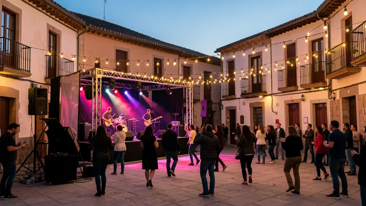 Generic image of a Spanish plaza at dusk with a concert stage and warm lights.