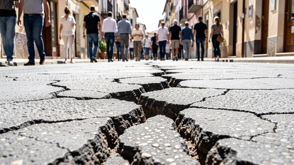 Imagen de una calle con el asfalto muy deteriorado y agrietado.