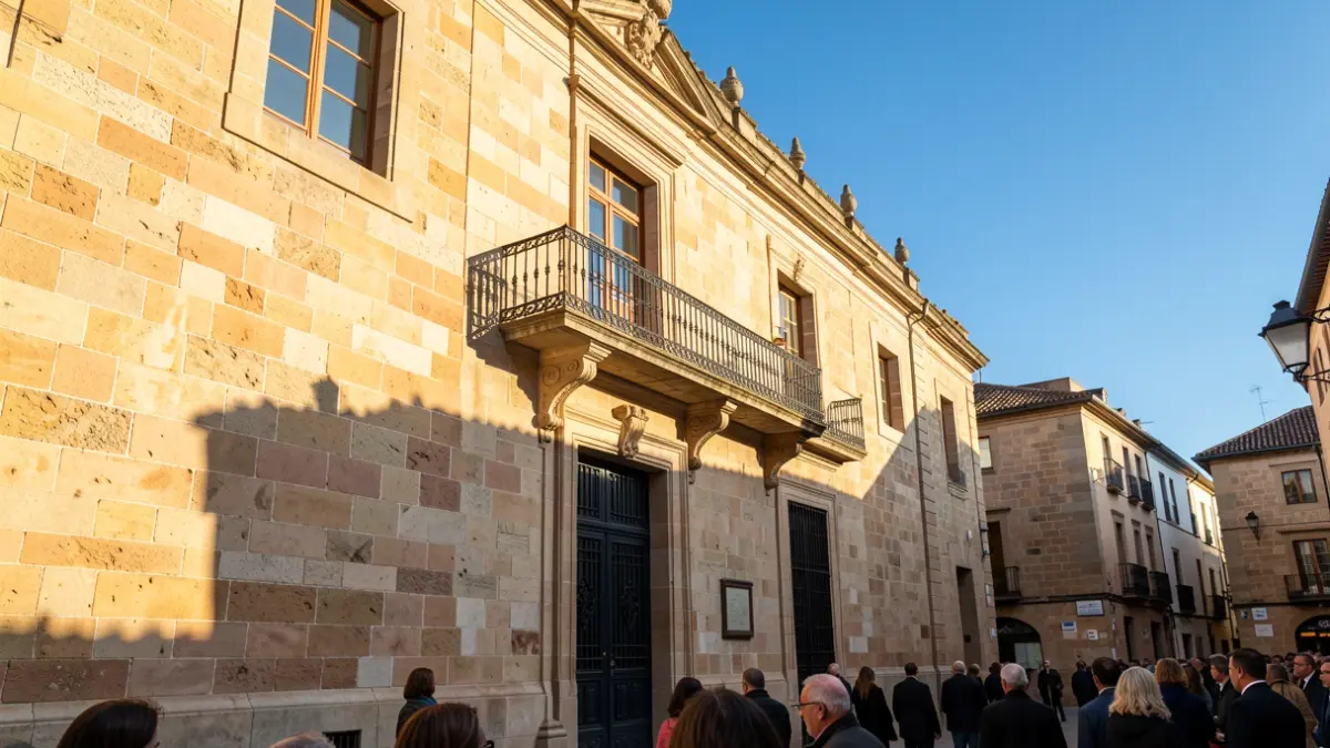 Stone facade of a town hall with a balcony and iron railings, warm afternoon light.