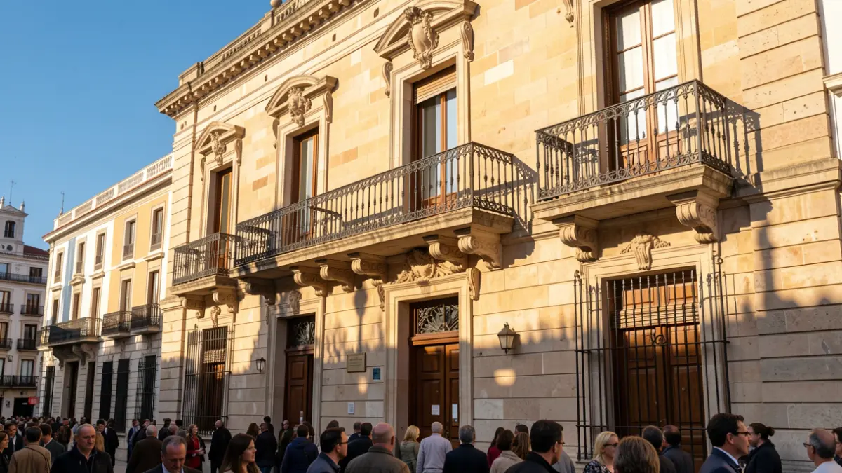 Facade of a town hall in the Community of Madrid with a balcony and iron railings, afternoon sunlight.