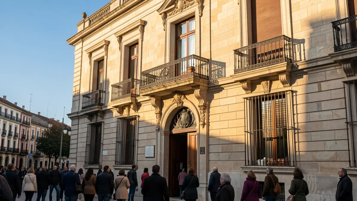 Fachada de un ayuntamiento de la Comunidad de Madrid con balcón y barandillas de hierro, luz de sol de la tarde.