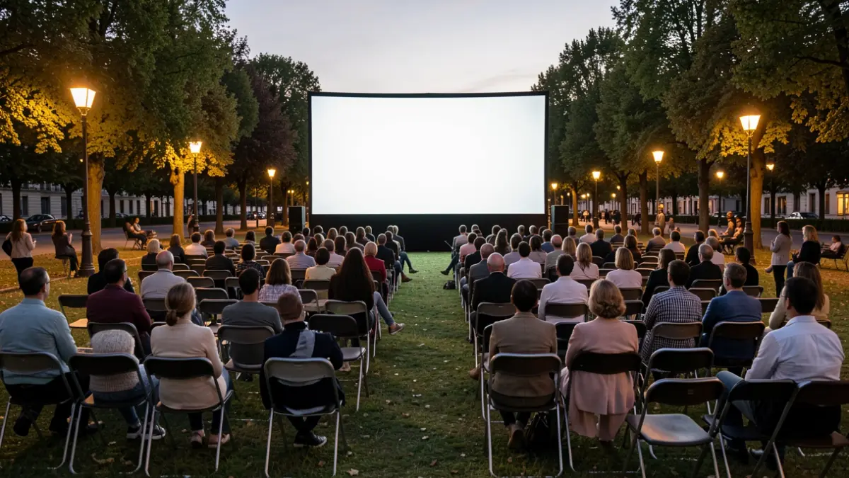 Imagen genérica de una pantalla de cine al aire libre en un parque durante el atardecer.