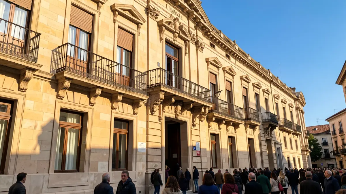 Fachada de un ayuntamiento de la Comunidad de Madrid con balcón y barandillas de hierro, luz cálida de la tarde.