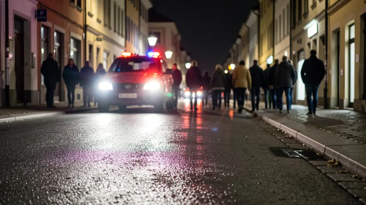 Generic image of emergency lights reflecting on asphalt at night.