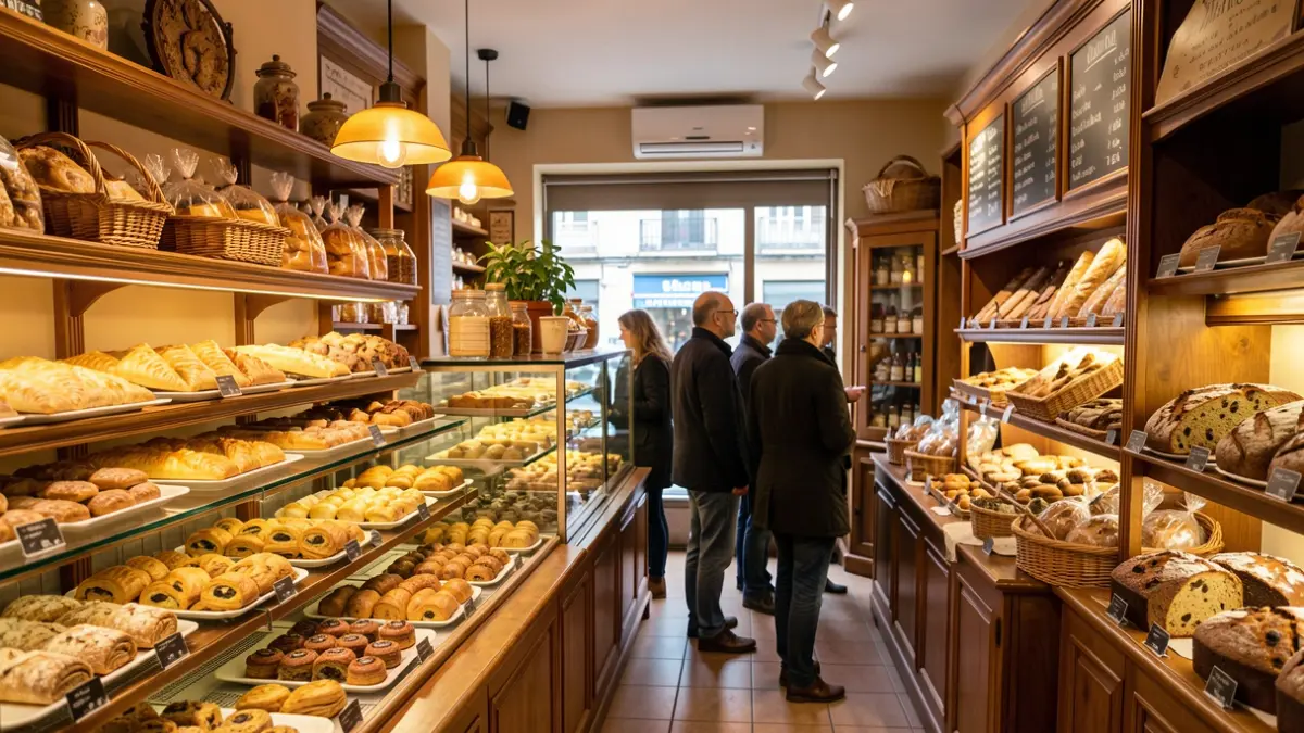 Interior de una pastelería artesanal en Madrid con diversos dulces.