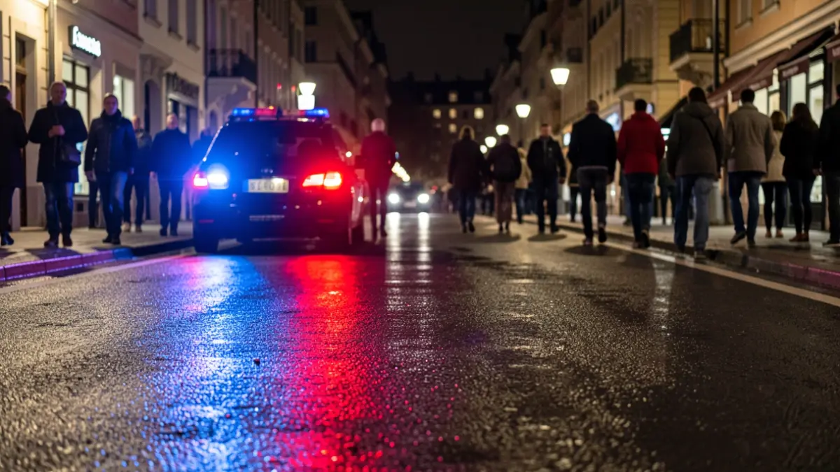 Generic image of emergency lights reflecting on wet asphalt at night.