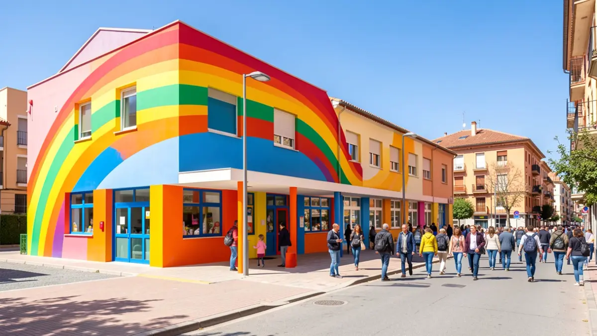 Imagen genérica de la fachada de una escuela infantil con motivos de arcoíris.