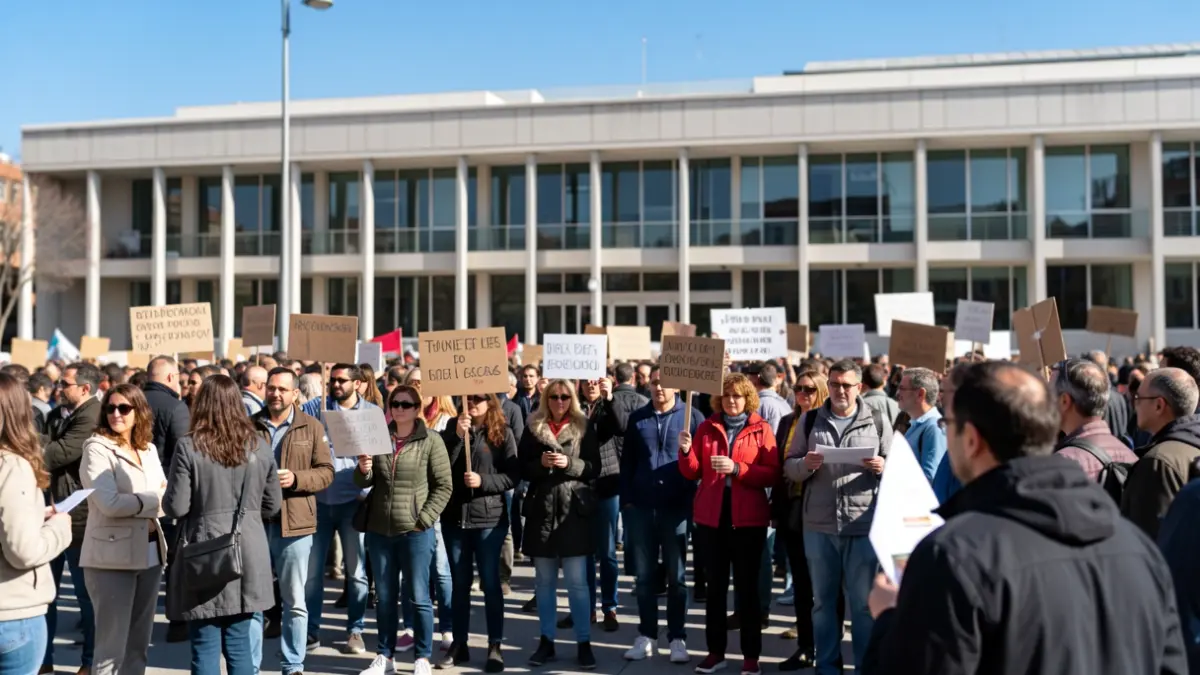 Generic image of a worker protest in front of an institutional building in Madrid.