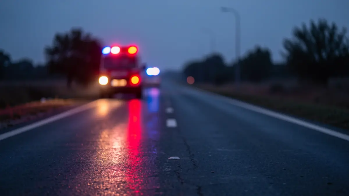 Luces de emergencia rojas y azules reflejadas en el asfalto mojado al anochecer.