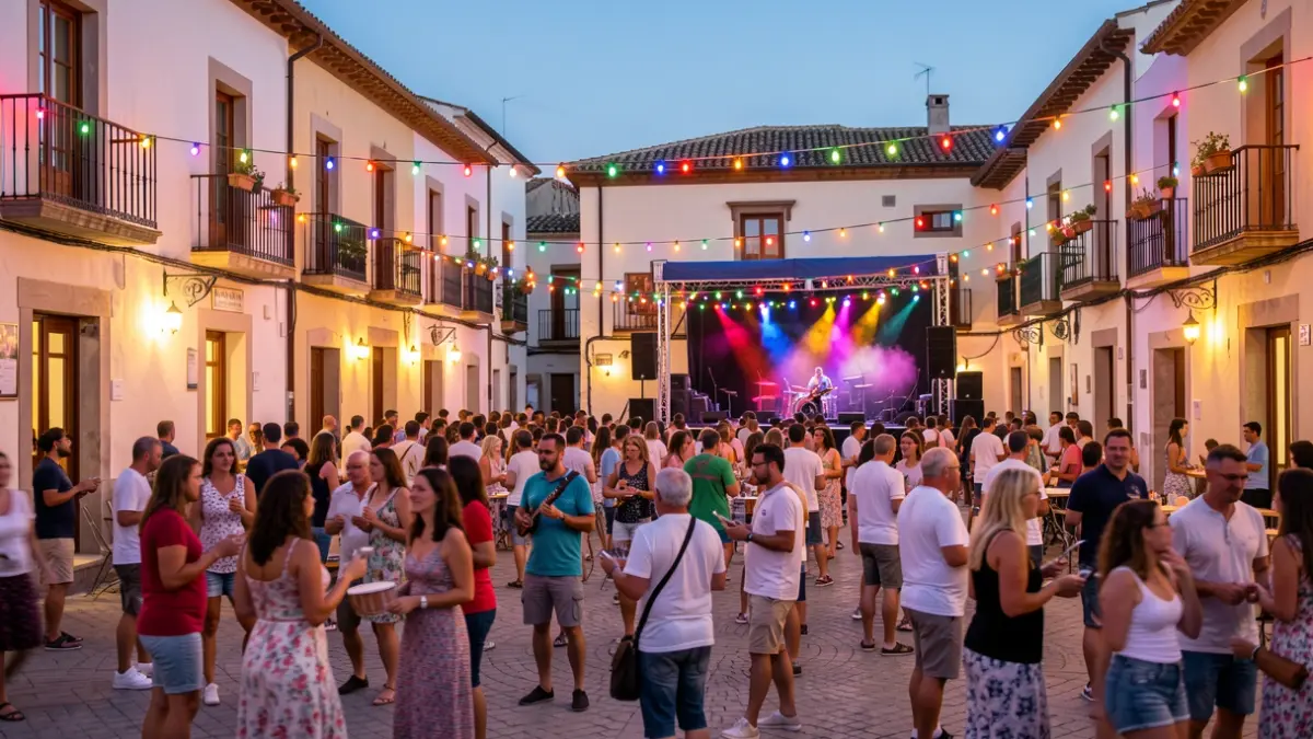 Generic image of an outdoor popular festival in a Spanish square at dusk.