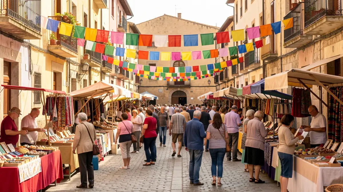 Imagen genérica de una feria de comercio local en una plaza española con puestos y gente.