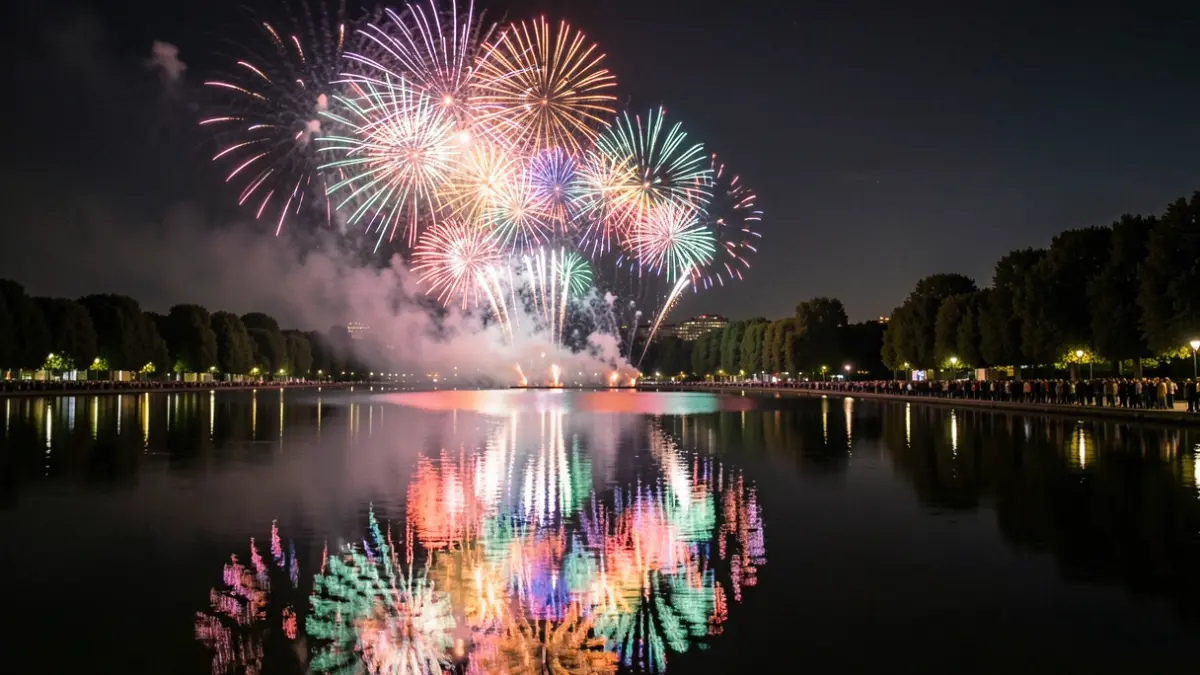 Espectáculo de fuegos artificiales piromusicales sobre un lago por la noche, con reflejos en el agua.