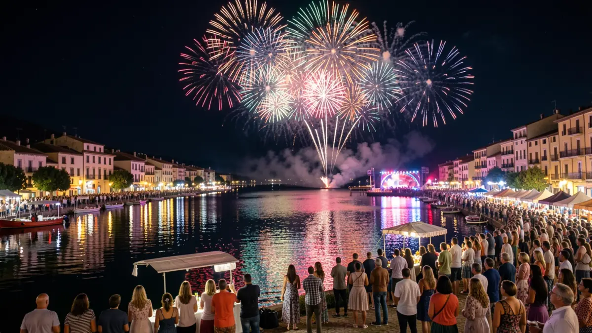 Imagen genérica de fuegos artificiales y ambiente festivo en un lago durante las fiestas de Tres Cantos.