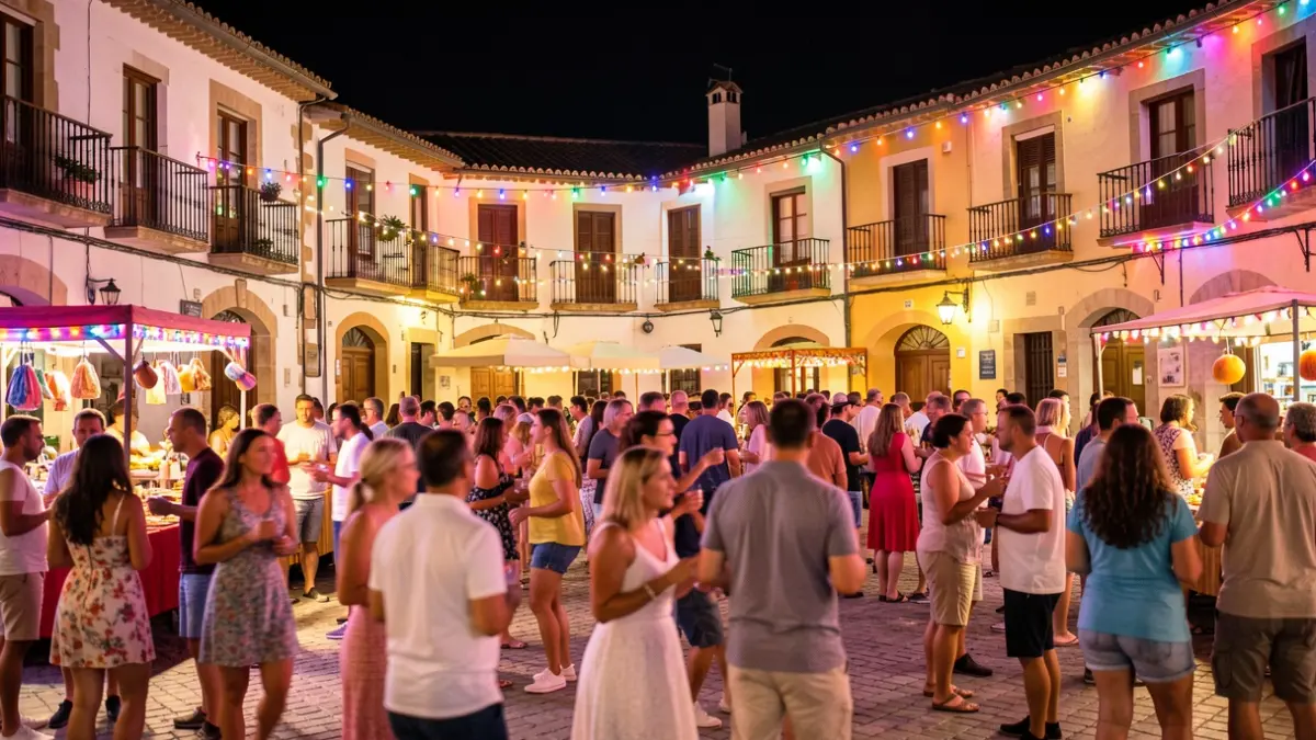 Generic image of a Spanish town square at night during a festival, with colorful lights and people enjoying themselves.