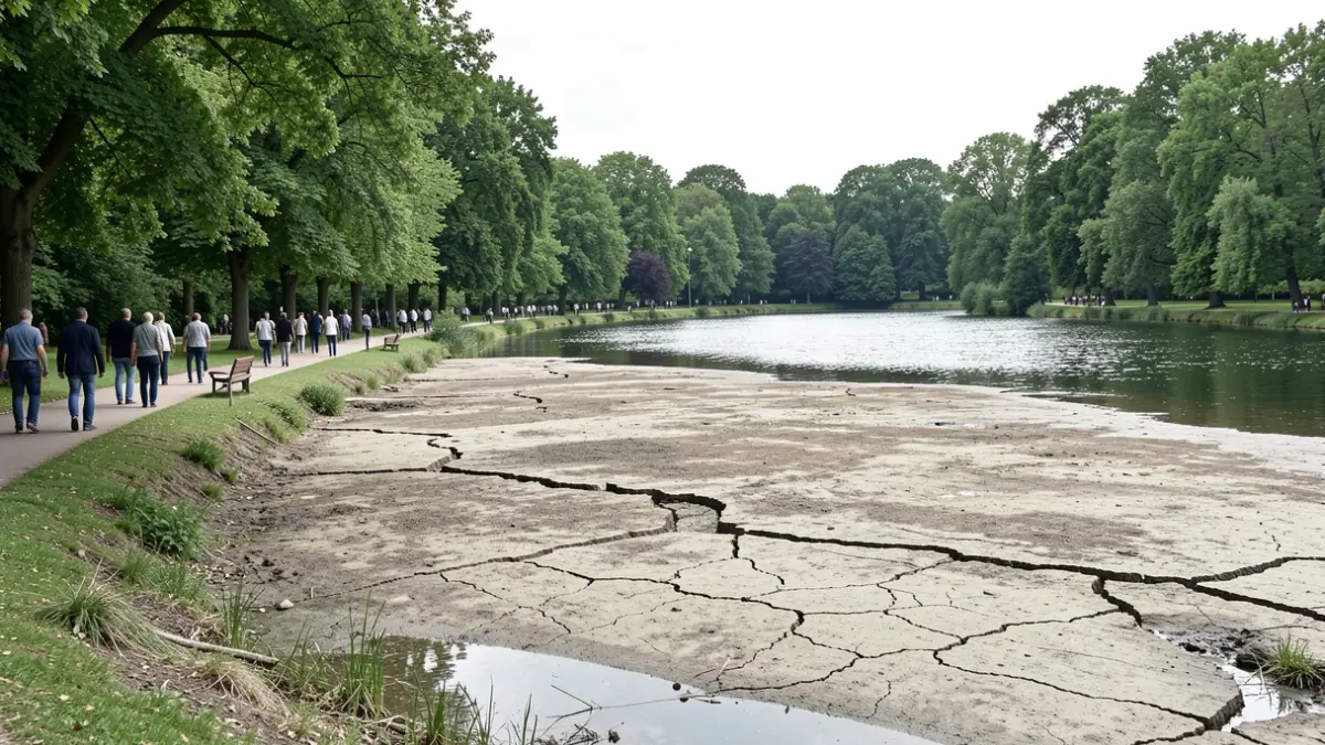Imagen de un lago en un parque público con signos de sequía y necesidad de restauración.