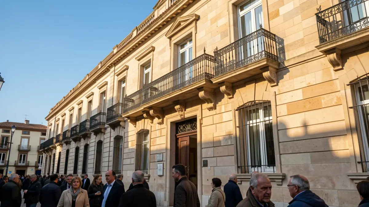 Stone facade of a la Comunidad de Madrid town hall with ornate balcony and iron railings, warm afternoon sunlight.