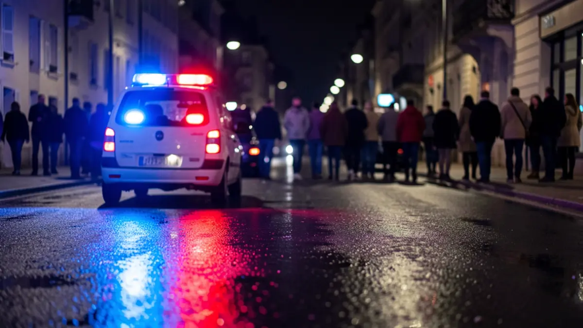 Generic image of police emergency lights reflecting on wet asphalt.