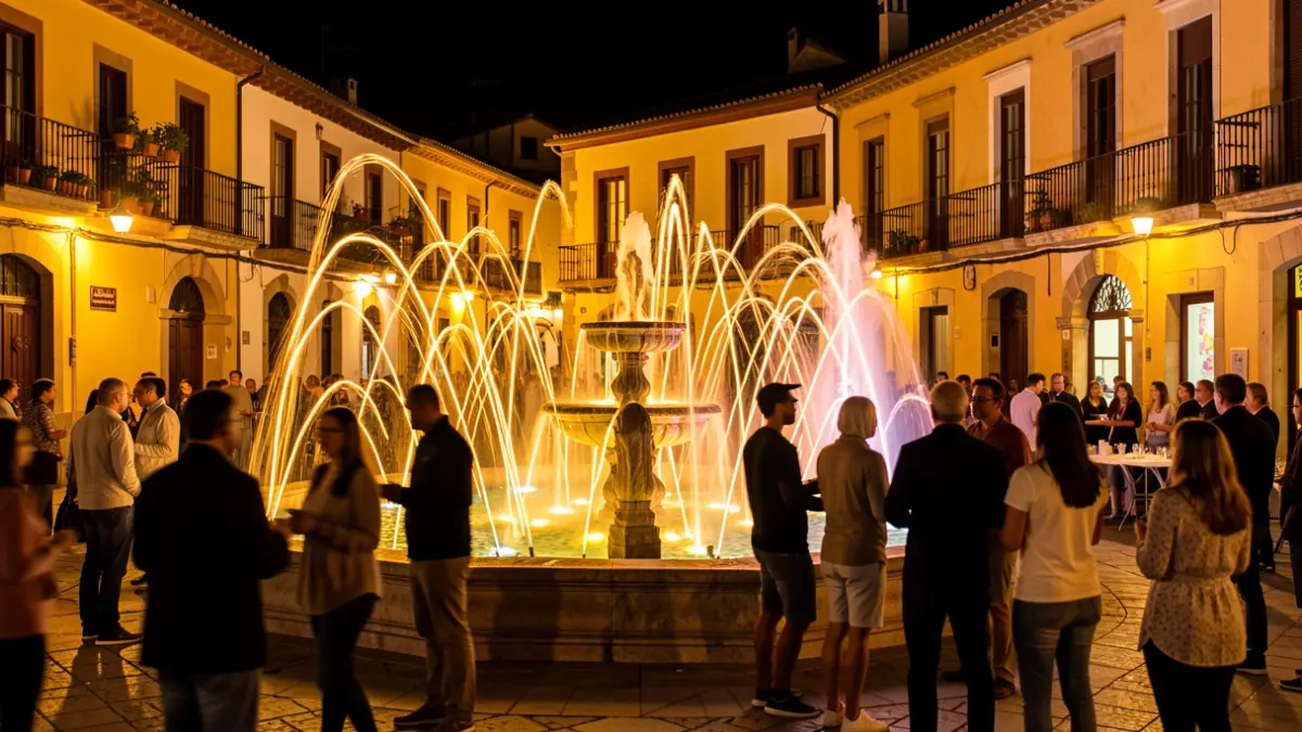 Generic image of a cultural event night in a Spanish square with illuminated fountains and light art.