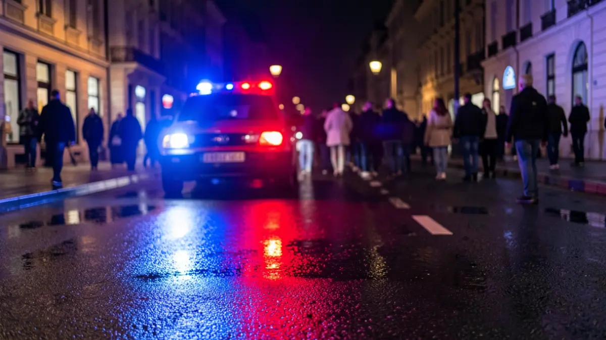 Generic image of police emergency lights reflecting on wet asphalt.