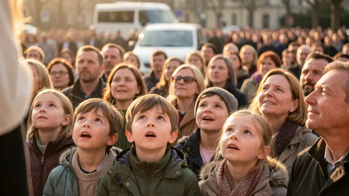 Imagen genérica de una multitud emocionada recibiendo una bendición.