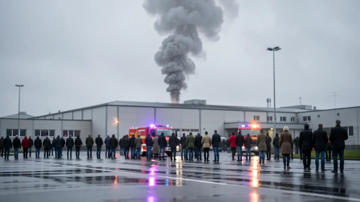 Generic image of a smoke column over an industrial building with emergency lights.