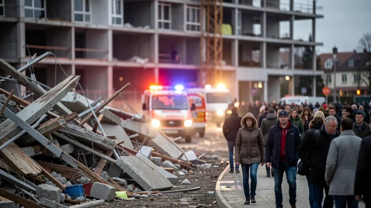 Generic image of a construction site with debris and emergency lights.