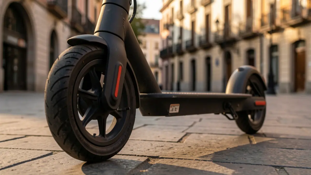 Close-up of an electric scooter wheel parked on a sidewalk in Madrid at dusk.