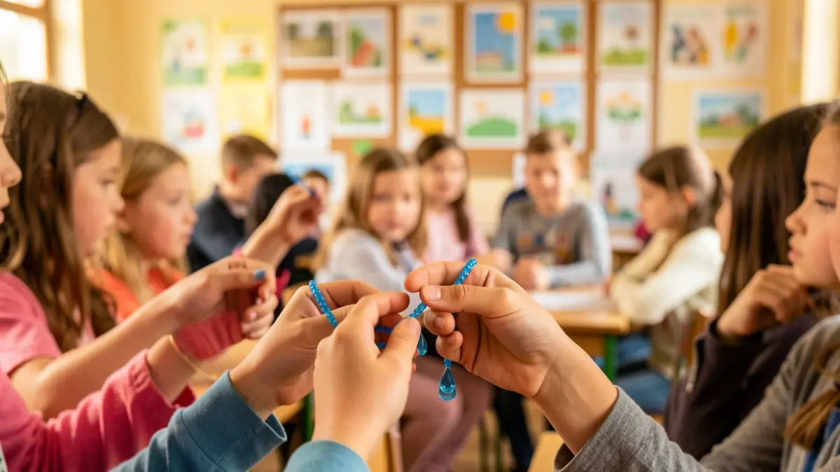 Manos de niños sosteniendo pulseras solidarias con forma de gotas de agua.