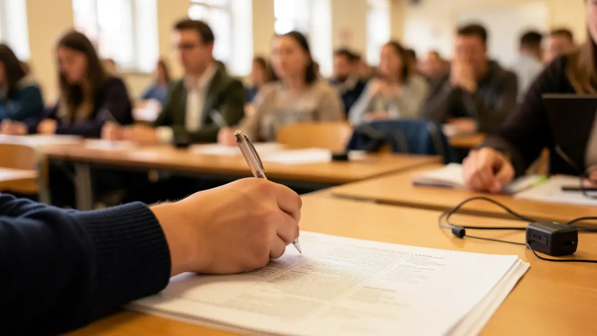 Primer plano de un examen universitario con un dispositivo tecnológico discreto.