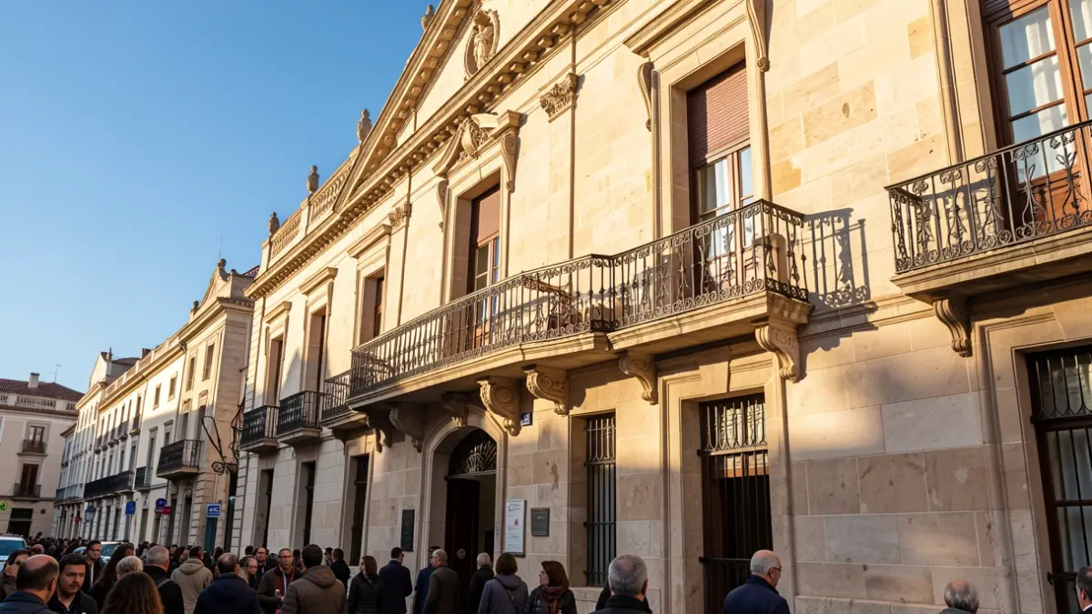 Facade of a Madrid town hall with balcony and iron railings, afternoon sunlight.